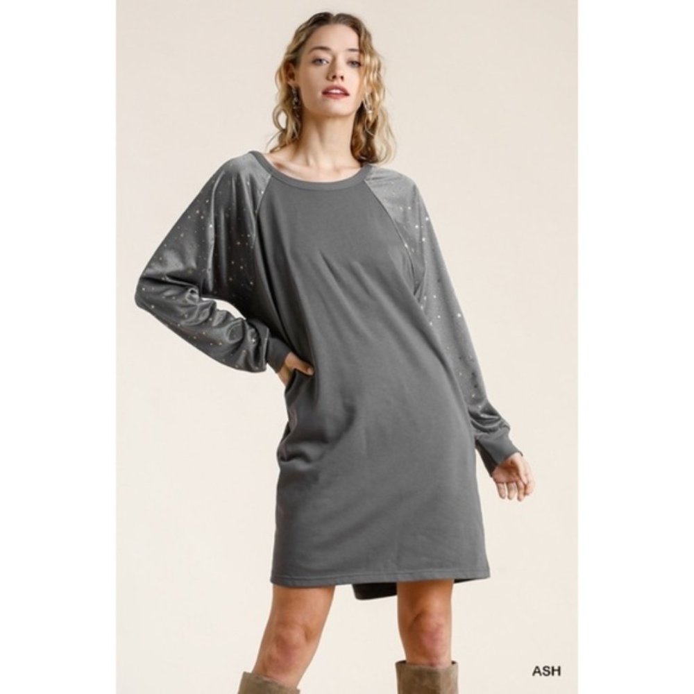 Umgee | Ash Gray Long Sleeve Raglan Sweatshirt Dress Winter Gold Star New Medium - Picture 5 of 14